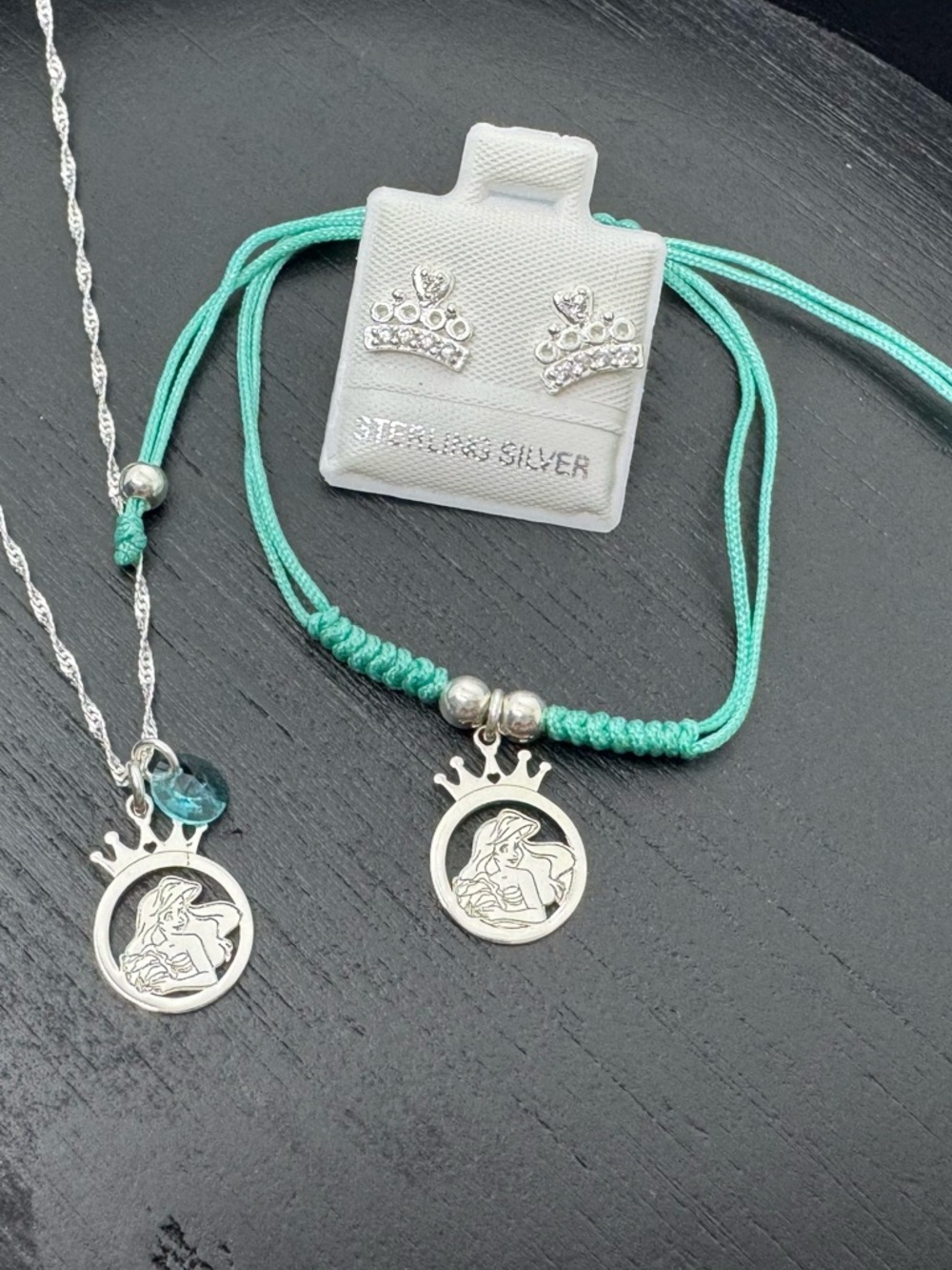 Sterling Silver Mermaid Crown Pendant Bracelet & Necklace Set in Teal